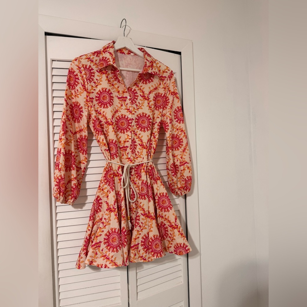 Women's Pink Floral Shirt Dress with Tie Waist